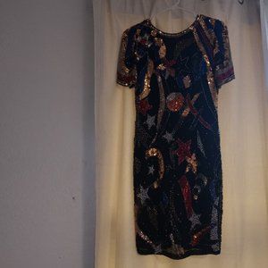 Vintage Niteline Short Sleeve Beaded Sequin Star moon Dress